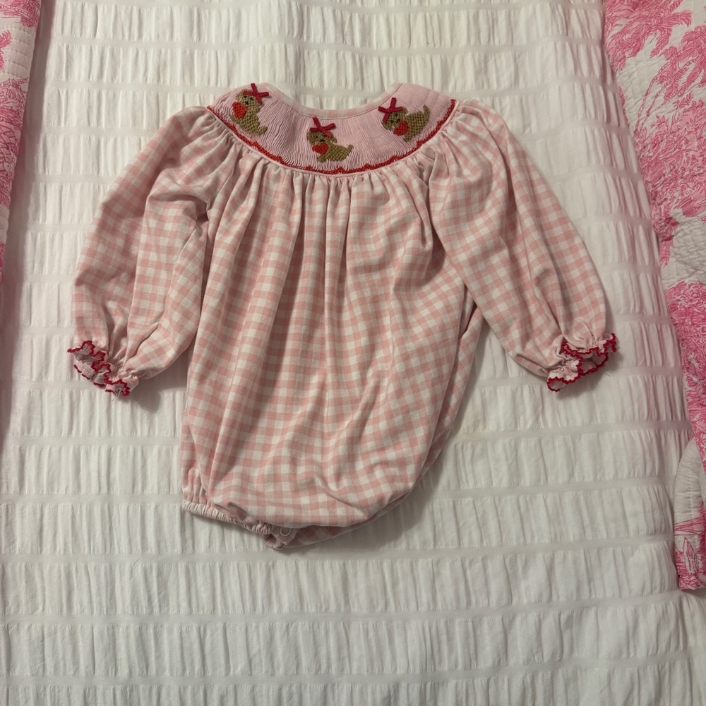 Pink Gingham Baby Smock with Embroidered Puppy with Bow Details